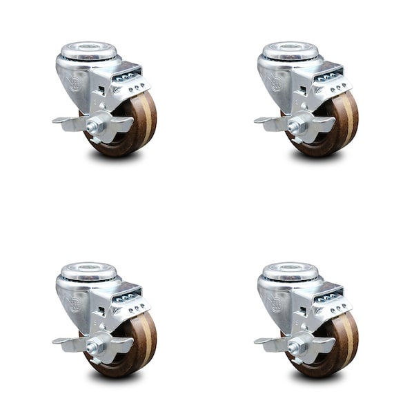3 Inch High Temp Phenolic Wheel Swivel Bolt Hole Caster Set with Brake SCC